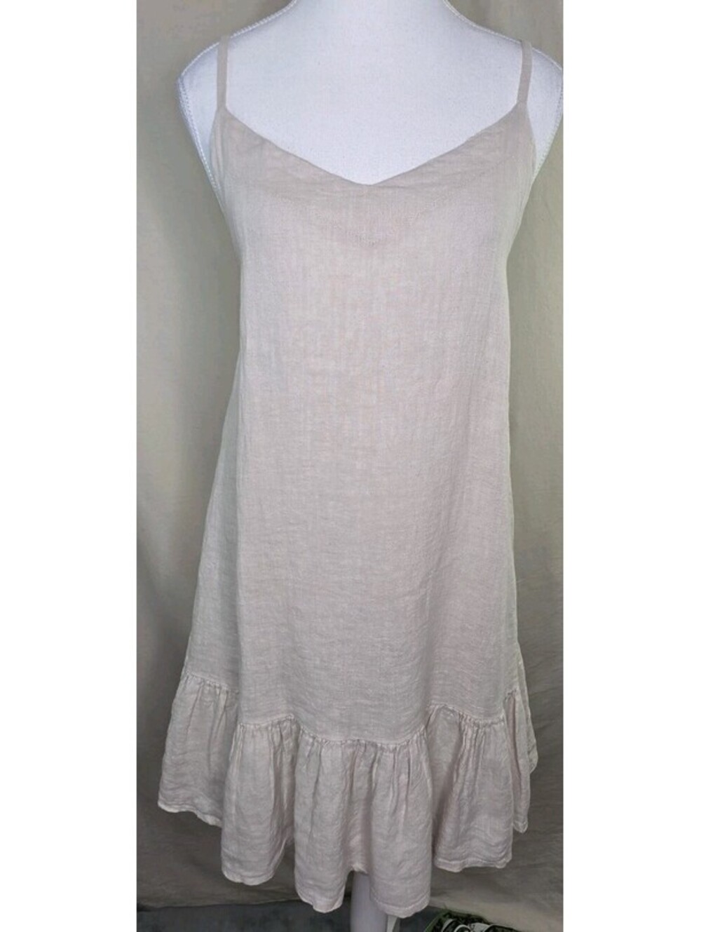 Bellambia Linen Mini Dress S Beige Spaghetti Strap Ruffled NWOT